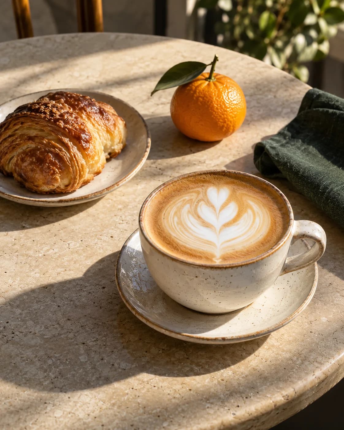 AI-generated example of cappuccino and pastry on a sunlit café table